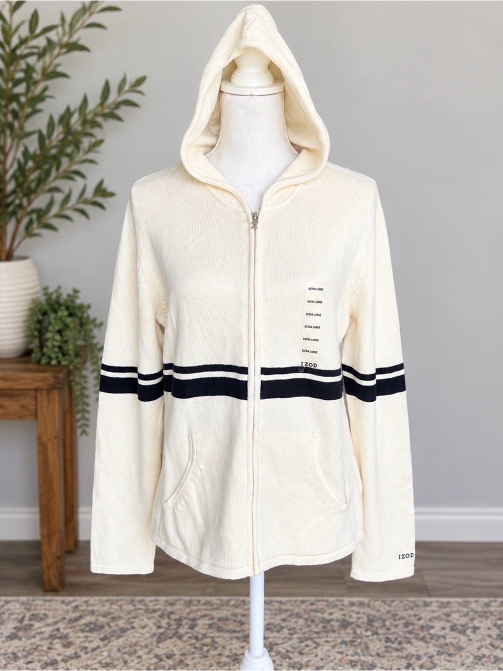 Izod Cream Hooded Zip Sweater with Navy Stripe sz XL NWT